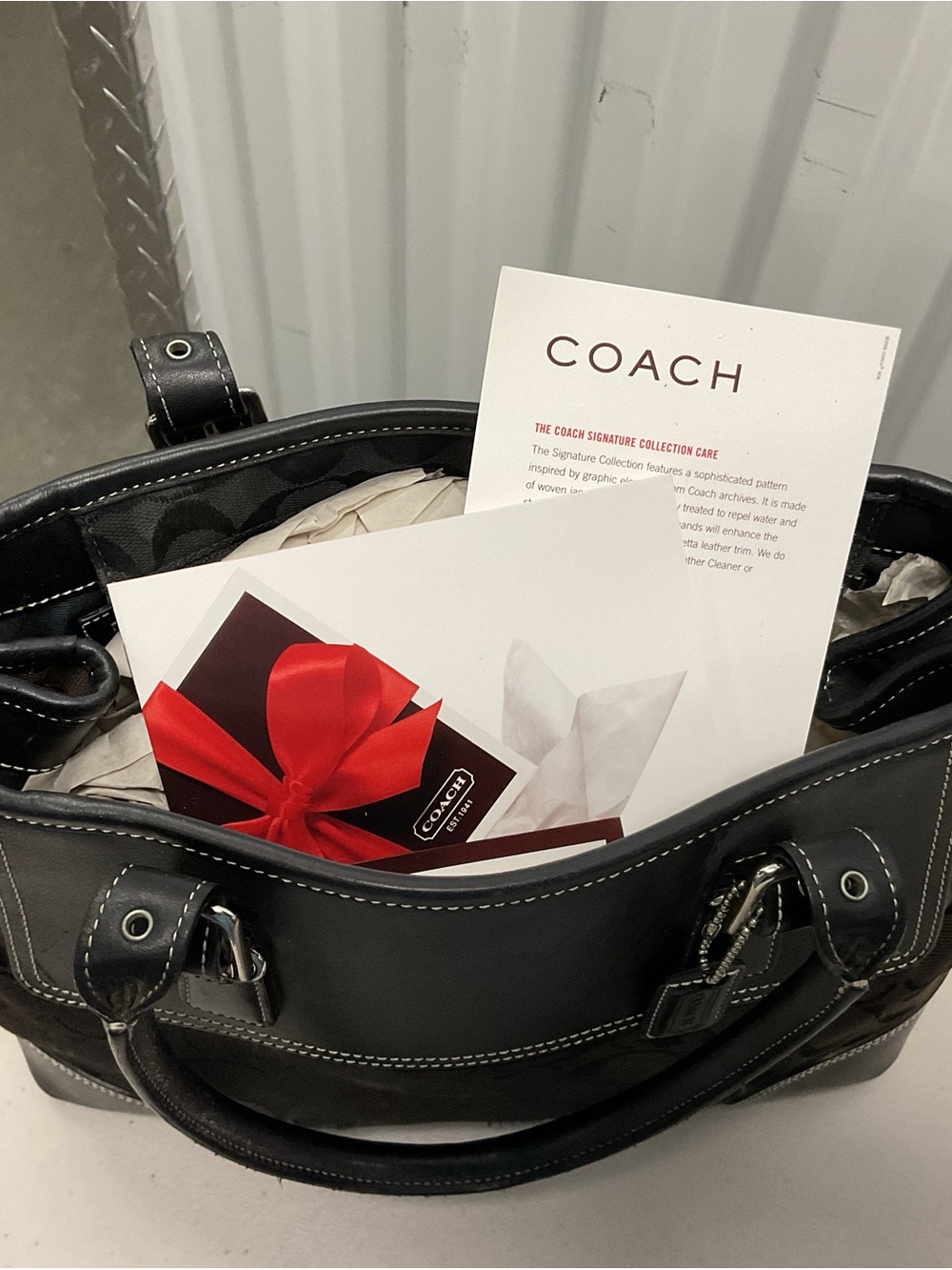 COACH Black Leather Shoulder Tote with Contrast Stitching